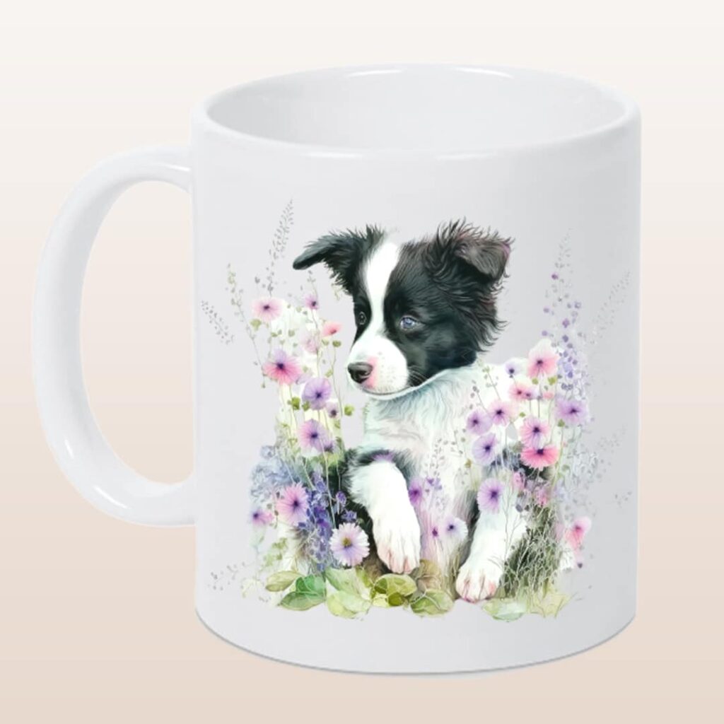 Keramikbecher weiß, Puppy „niedlicher Border Collie“ verschiedene Motive