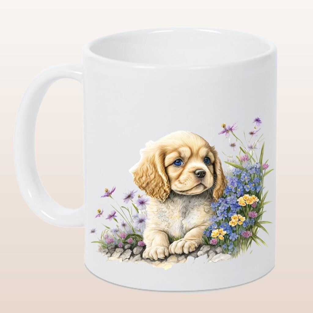 Keramikbecher weiß, Puppy „knuddeliger Cocker Spaniel“ verschiedene Motive