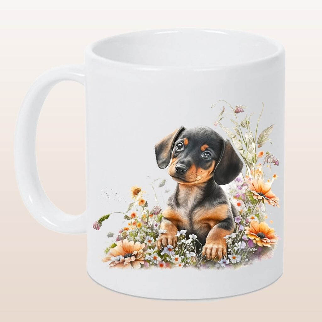 Keramikbecher weiß, Puppy „lieber Dackel“ verschiedene Motive