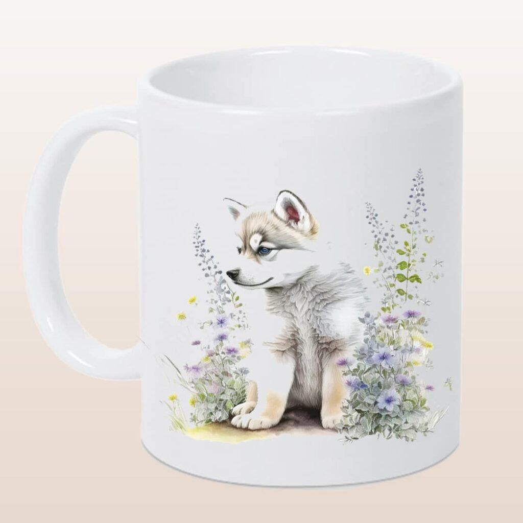 Keramikbecher weiß, Puppy „bezaubender Husky“ verschiedene Motive
