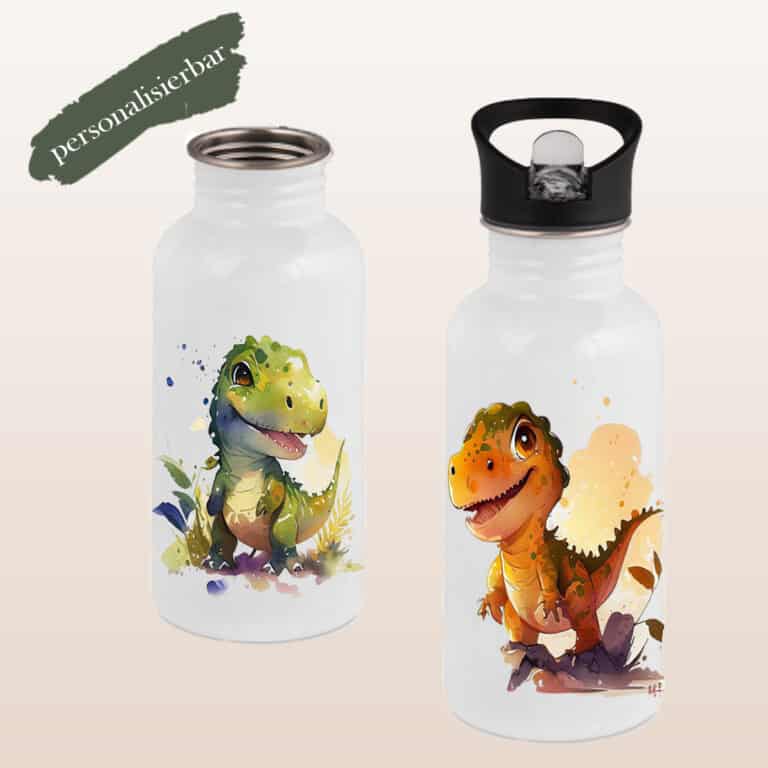 Edelstahl-Trinkflasche mit integriertem Trinkhalm, 400ml, „Dinosaurier 1“, personalisierbar