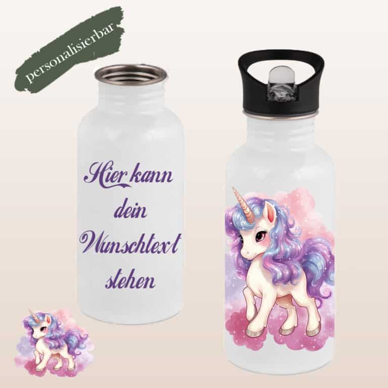 Edelstahl-Trinkflasche mit integriertem Trinkhalm, 400ml, „Einhorn Wölckchen“