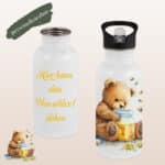 Edelstahl-Trinkflasche mit integriertem Trinkhalm, 400ml, “Honigbärchen”