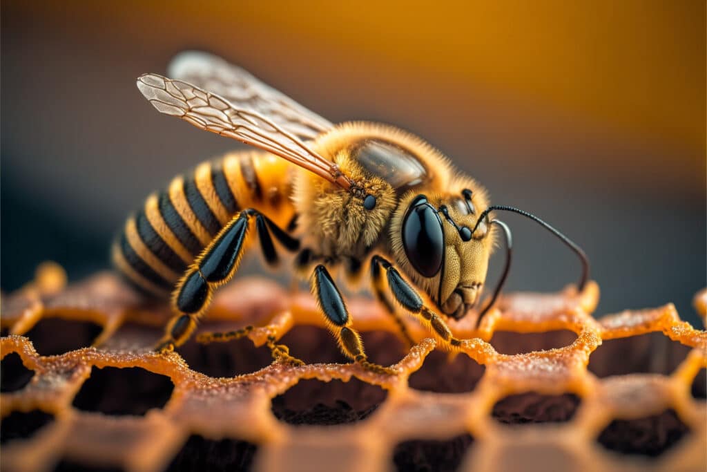 Makroaufnahme einer Honigbiene auf einer Honigwabe