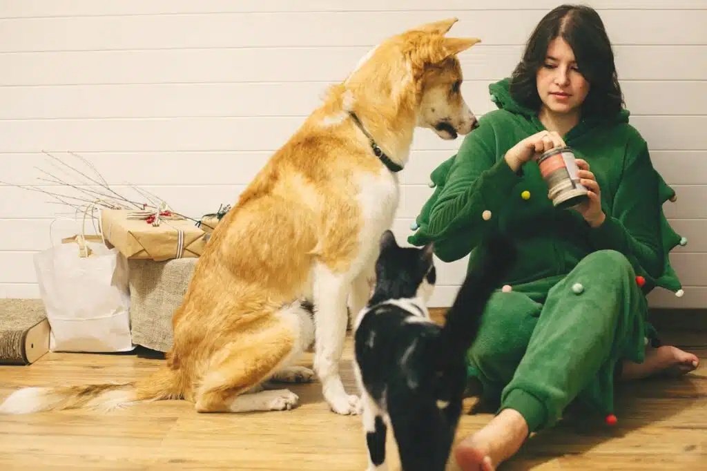 Happy girl in festive pajamas feeding dog with canned food