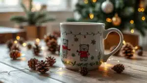 white green ceramic mug